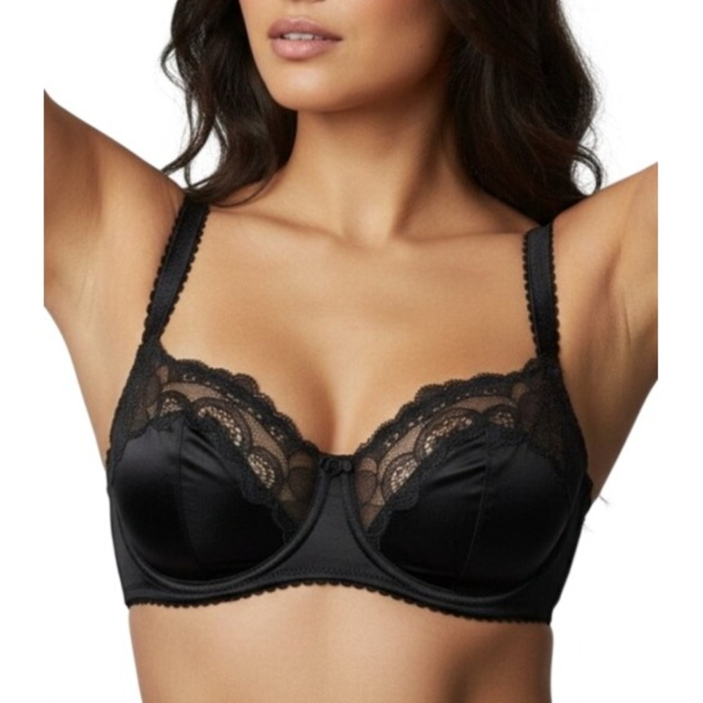 Skims Stretch Satin Lace Unlined Balconette Bra Onyx Black BA-BAL-4449 42B - Picture 2 of 2
